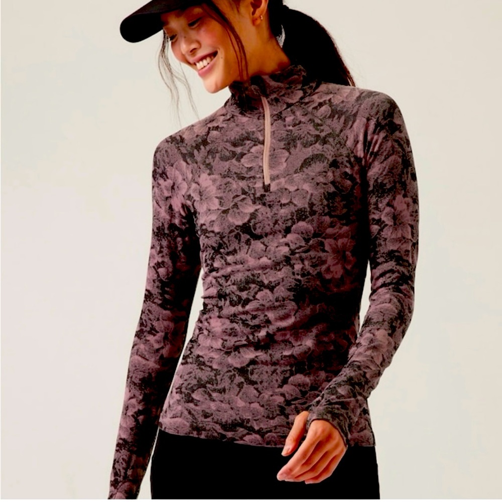 Athleta purple floral thin half zip top